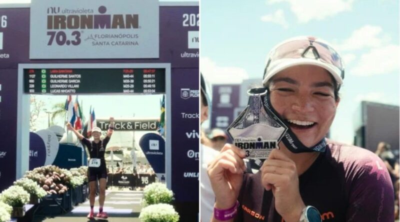 Conhecida pelo humor, influenciadora Lara Santana completa 113 km do Ironman 70.3 em Florianópolis e comemora nas redes