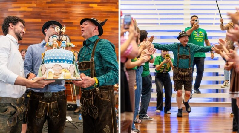 Luciano Hang inicia comemorações dos 64 anos com festa dentro da própria empresa em SC: ‘não existe lugar melhor no mundo para comemorar aniversário’